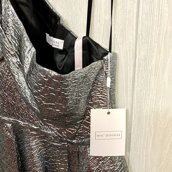 Mac Duggal Silver One Shoulder Bow Midi Dress 67906 Size 8 NWT - Picture 8 of 9